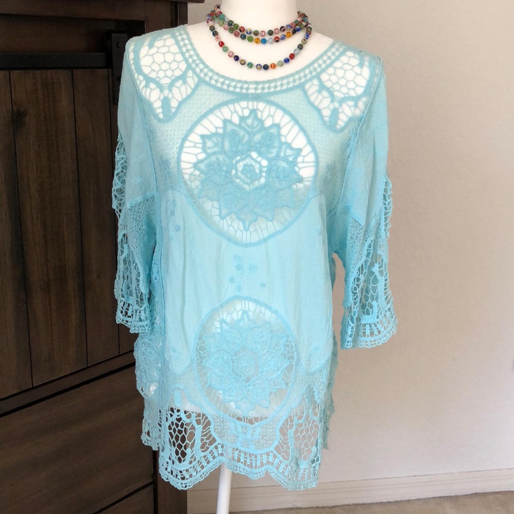 Tunic length turquoise aqua lace and crochet top